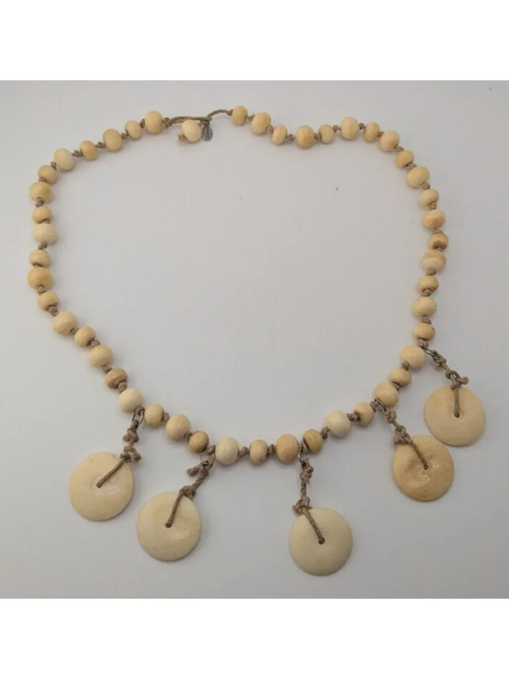 90s Boho Tribal Vintage Beaded Disc Dangle Statement Necklace Cream Tan